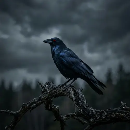 Red-Eyed Crow Perched on Gnarled Branch