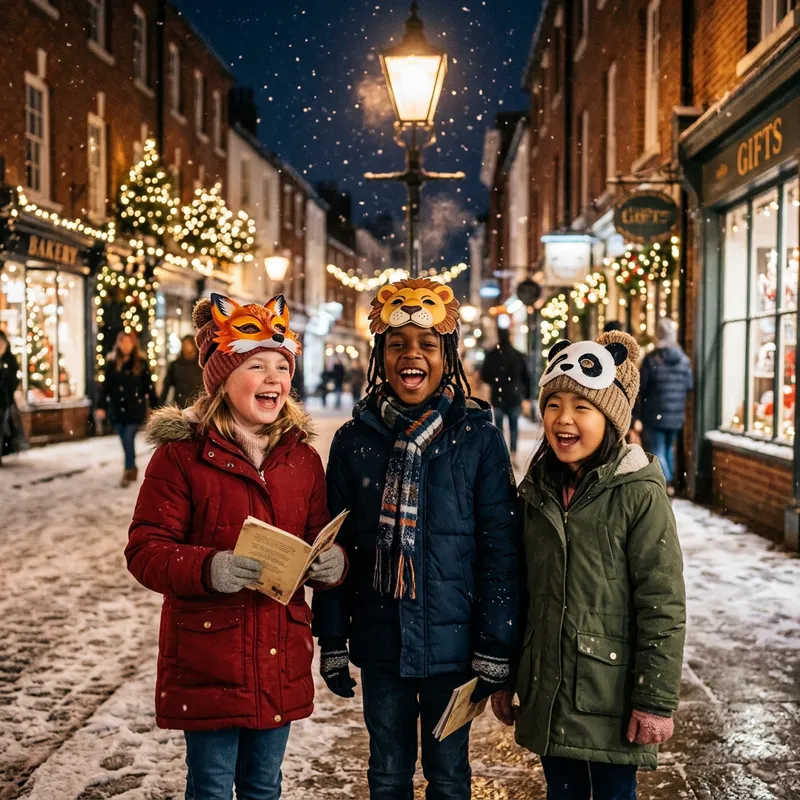 Winter Joy: Children in Carnival Masks Singing Carols