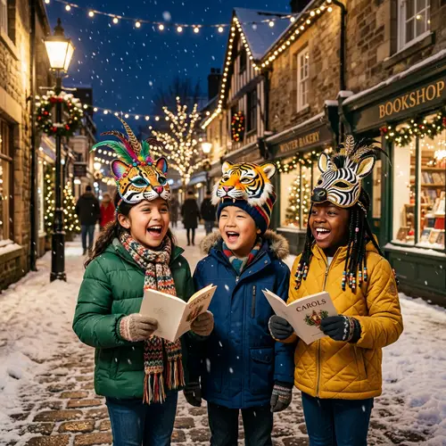 Winter Festivities: Diverse Children Singing Carols on Snowy Street