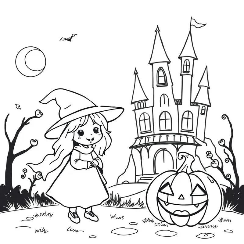 Kawaii Witch & Pumpkin Coloring Page for Halloween Kawaii Witch & Pumpkin Coloring Page for Halloween