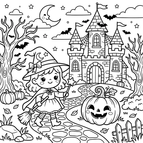 Kawaii Witch & Pumpkin Coloring Page for Halloween