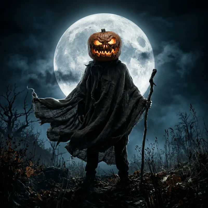 Pumpkin Headed Figure in Grim Reaper Outfit Under Full Moon