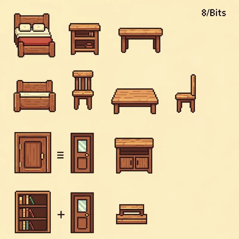 8-Bit Wooden Furniture Sprite Sheet