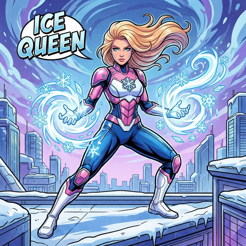 Powerful Snow-Themed Superhero Woman
