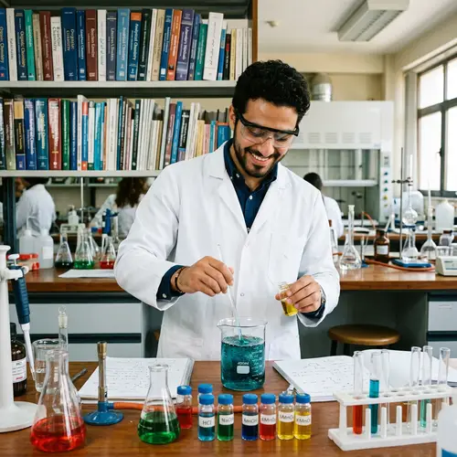 Happy Middle-Eastern Student Mixing Chemical Solutions in Chemistry Lab