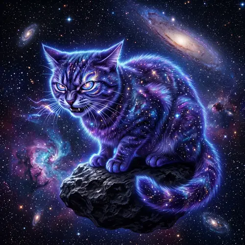 Celestial Cosmic Cat: Angry Feline in Glowing Blues & Purples