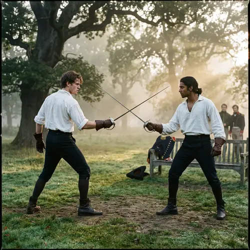 Regency Period Dueling Scene: Intense Athletic Officers at Dawn