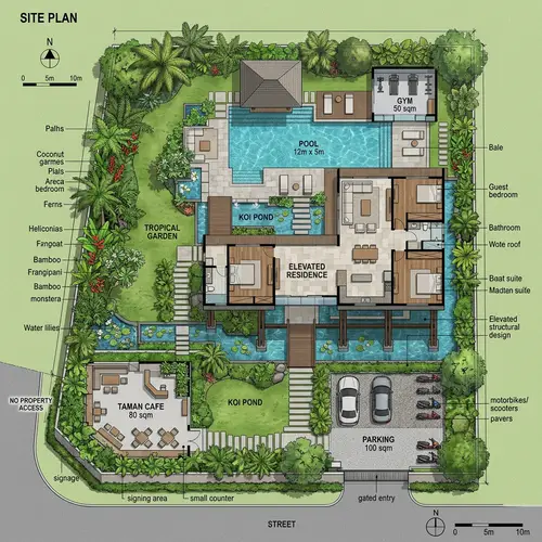 Modern Bali House Plan with Lush Garden and Pool