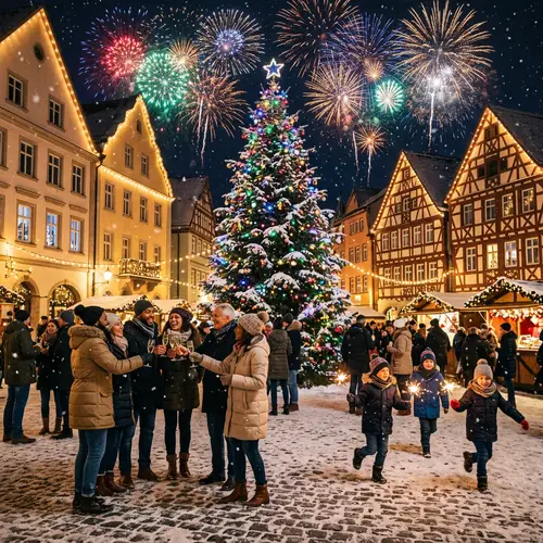 Festive New Year Celebration | Colorful Houses, Christmas Tree, Fireworks