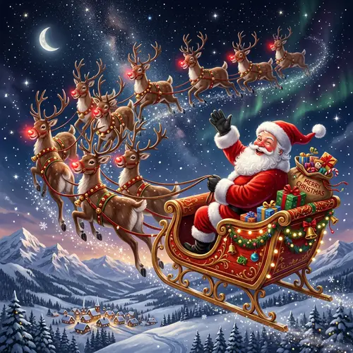 Santa Claus Riding Sleigh with Reindeer | Night Sky