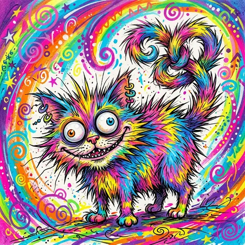 Colorful and Quirky Cat Illustration with Spiked Fur