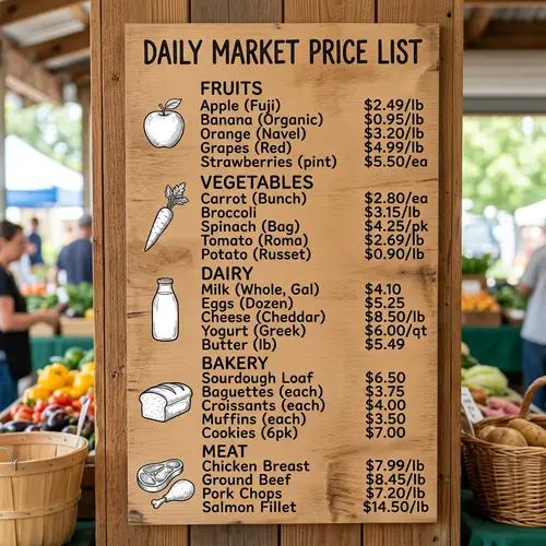 Comprehensive Price List with Fruits, Vegetables, Dairy | Organic Market