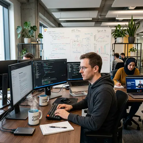 Dedicated Caucasian Male Software Developer in Modern Workspace