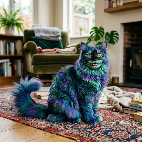 Colorful Quirky Cat with Bright Eyes and Fluffy Tail