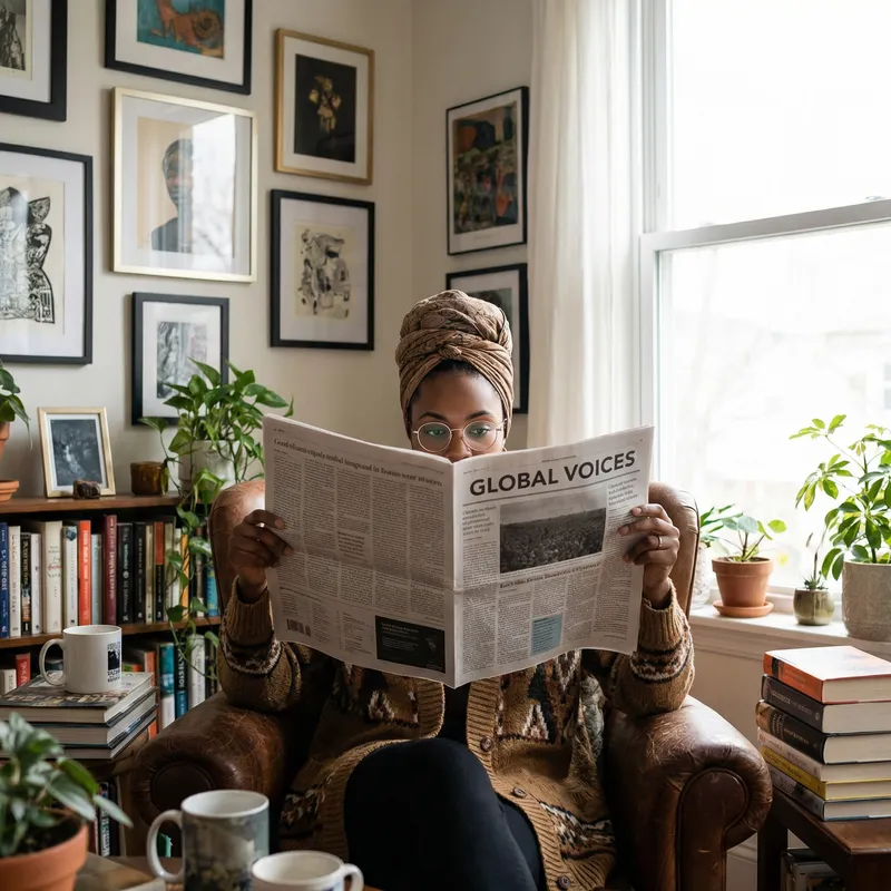 Tranquil Black Woman Immersed in Newspaper Reading