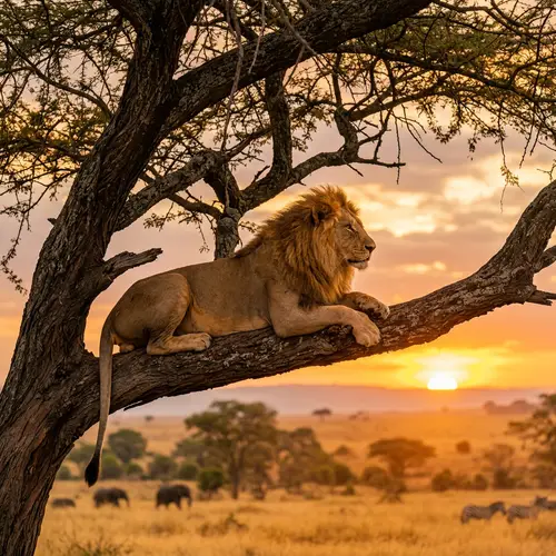 Majestic Lion on Tree in African Sunset
