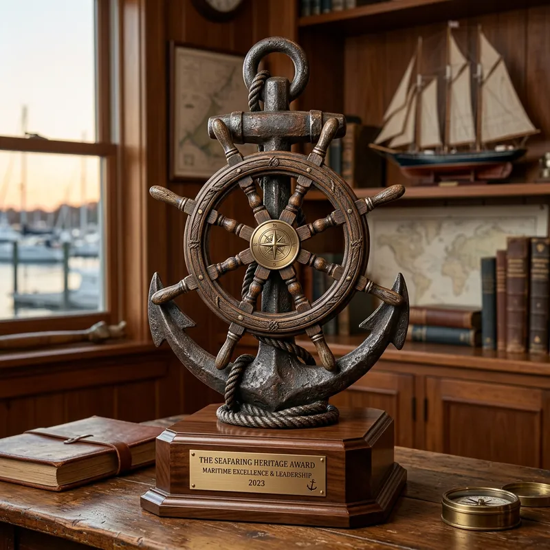 Elegant Trophy with Ship's Anchor and Nautical Wheel Detail Elegant Trophy with Ship's Anchor and Nautical Wheel Detail