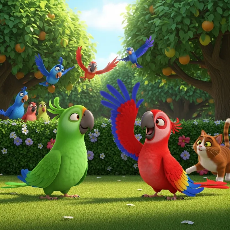 Vibrant 3D Animated Parrot Adventure in a Garden