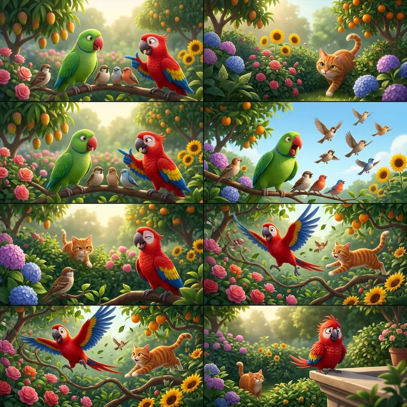 Vibrant 3D Animated Parrot Adventure in a Garden Vibrant 3D Animated Parrot Adventure in a Garden