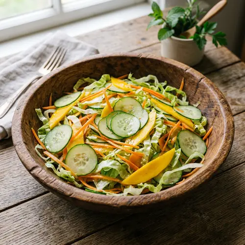 Finely Sliced Salad Vegetables in Wooden Bowl