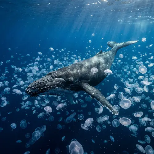 Whale Swimming Among Jellyfish in Vast Ocean