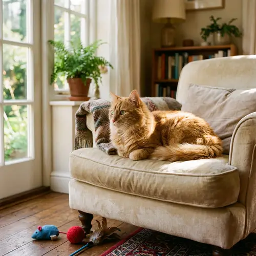 Fluffy Ginger Cat Rests on Plush Chair | Tranquil Afternoon Scene