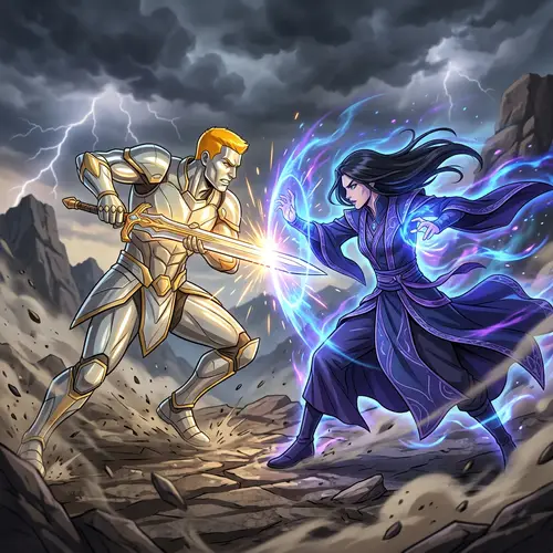 Epic Duel: Mystic vs. Warrior on Stormy Battleground