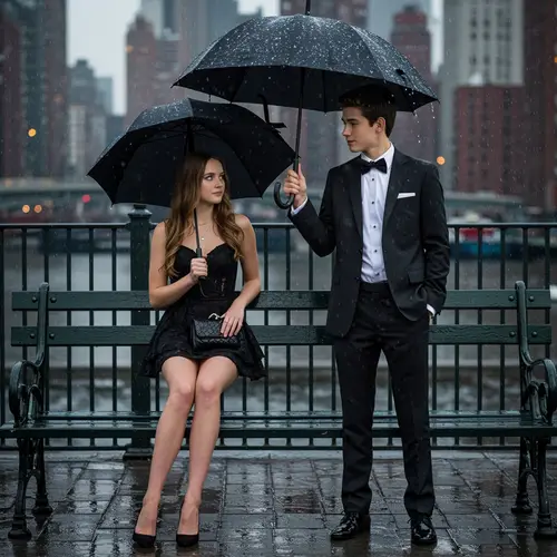Elegant Couple in NYC Rain: Stylish 18-Year-Olds