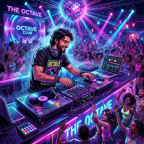 Vibrant DJ Mixing Illustration in Neon Color Scheme