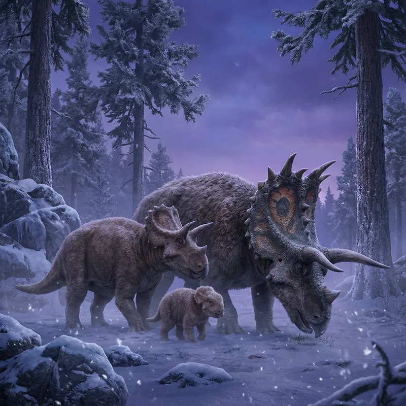 Triceratops & Sinoceratops in a Snowy Forest Scene