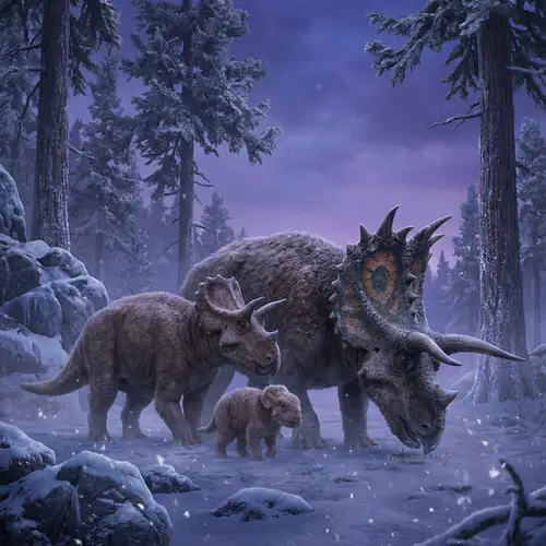 Triceratops & Sinoceratops in a Snowy Forest Scene