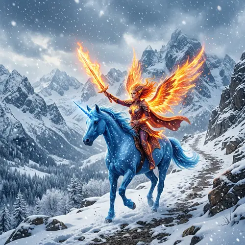 Mystical Fire Fairy Riding Blue Unicorn with Flaming Sword