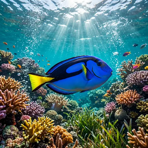 Graceful Blue Tang Fish in Vibrant Underwater Landscape