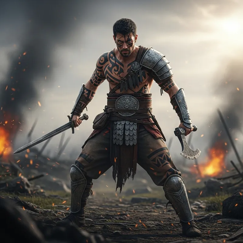Tattooed Warrior: Sword and Axe Combat