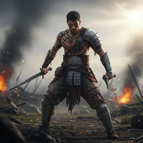 Tattooed Warrior: Sword and Axe Combat