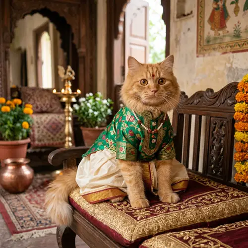 Fluffy Cat in Traditional South Asian Attire | Elegant Feline Fashion