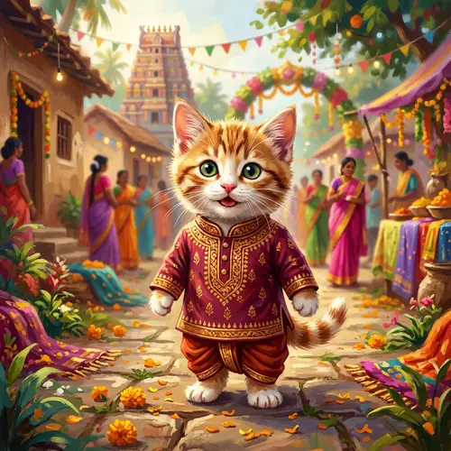 Playful Cat in Indian Dhoti Kurt: Whimsical Digital Painting