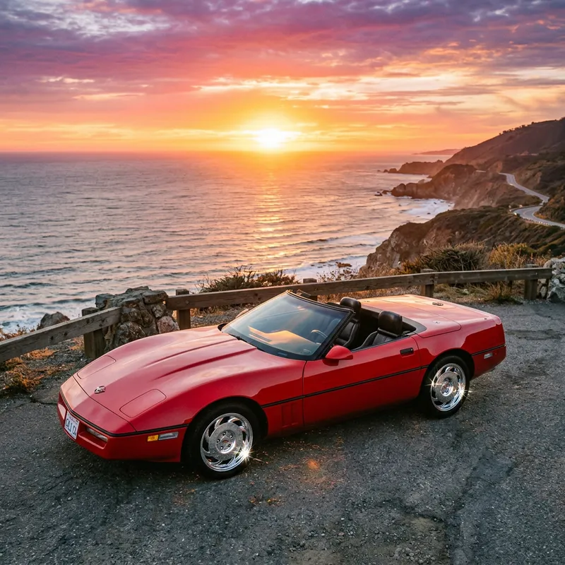 Chevrolet Sedan C4 Convertible on Scenic Cliff at Sunset