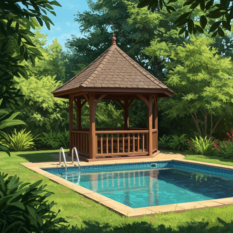 Tranquil Gazebo by Swimming Pool in Impressionistic Style Tranquil Gazebo by Swimming Pool in Impressionistic Style