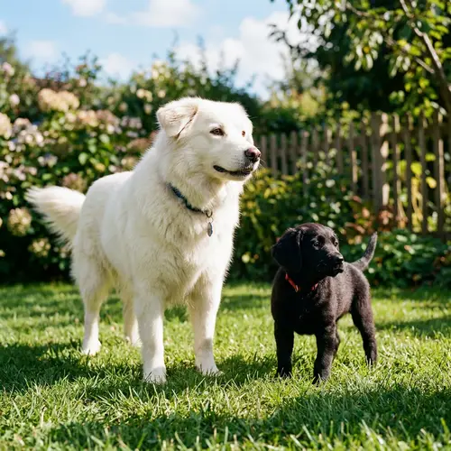 Mature White Dog and Black Puppy in Sunny Outdoor Setting