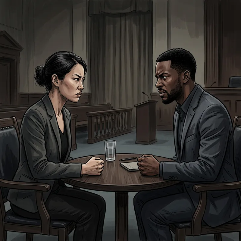 Tense Meeting at Round Table – Courtroom Style Illustration