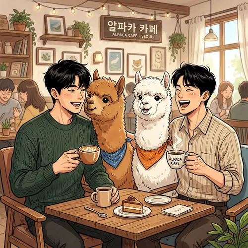Korean Males Enjoying Coffee with Alpacas in Anime Style