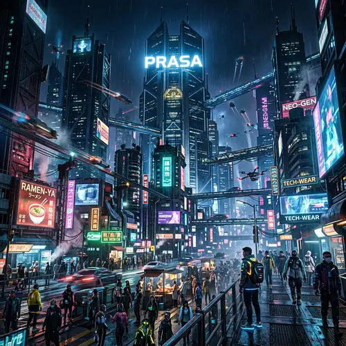 PRASA Futuristic Cyberpunk Cityscape: Neon Lights & Advanced Technology