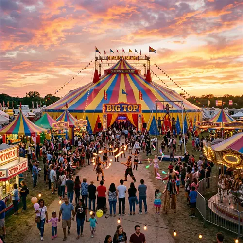 Colorful Circus Scene with Diverse Performers and Attractions