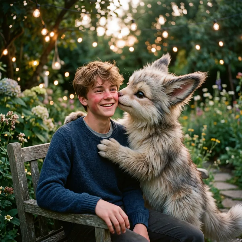 Enchanting Encounter: Furry Creature Kissing White Boy's Cheek