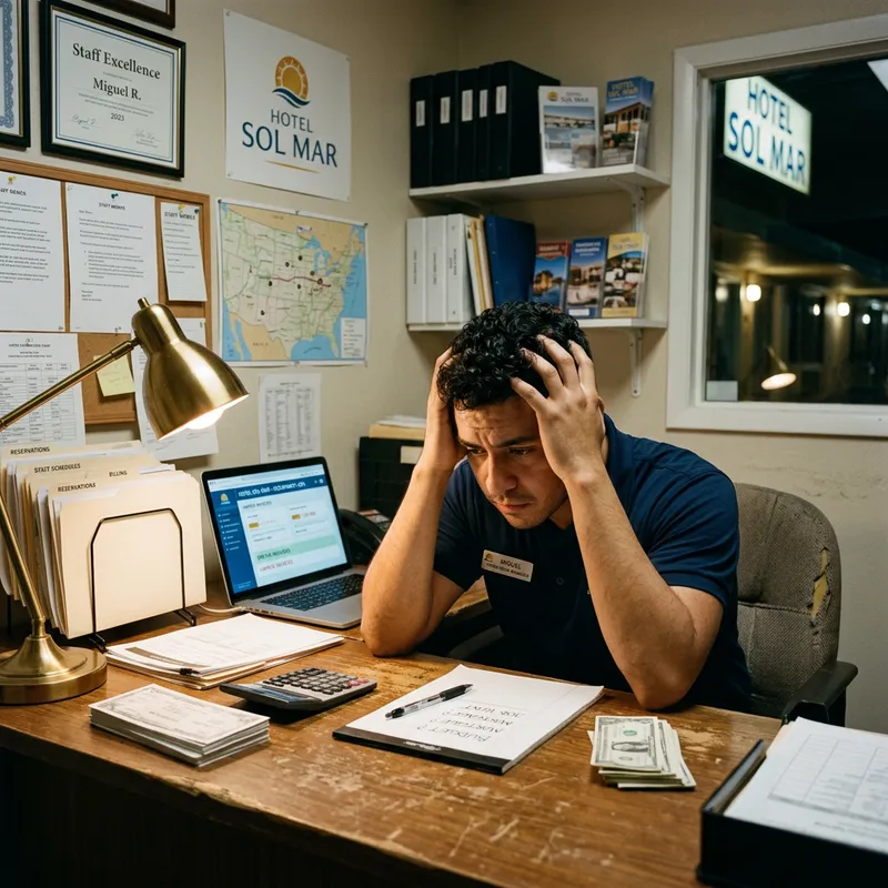 Emotional Hispanic Hotel Worker Contemplating Job Insecurity Emotional Hispanic Hotel Worker Contemplating Job Insecurity