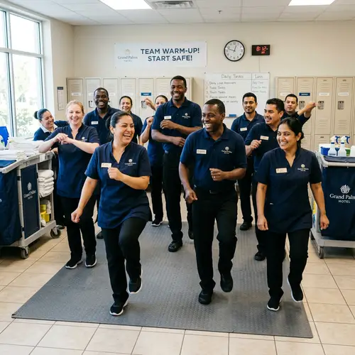 Diverse Hotel Housekeepers Warm-up Session | Daily Routine Prep