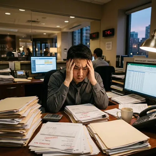 Stressed Asian Hotel Employee Struggling with Job Insecurity
