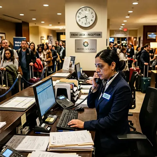 Dedicated Hotel Employee Managing Front Desk Amidst Chaos