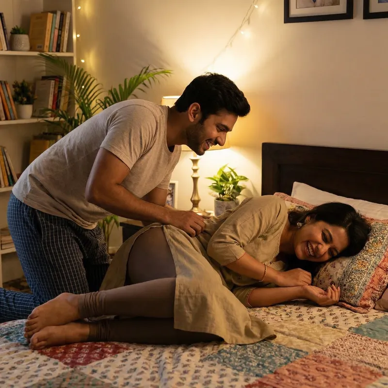 Young Asian Couple Tickling Each Other with Laughter in Bedroom